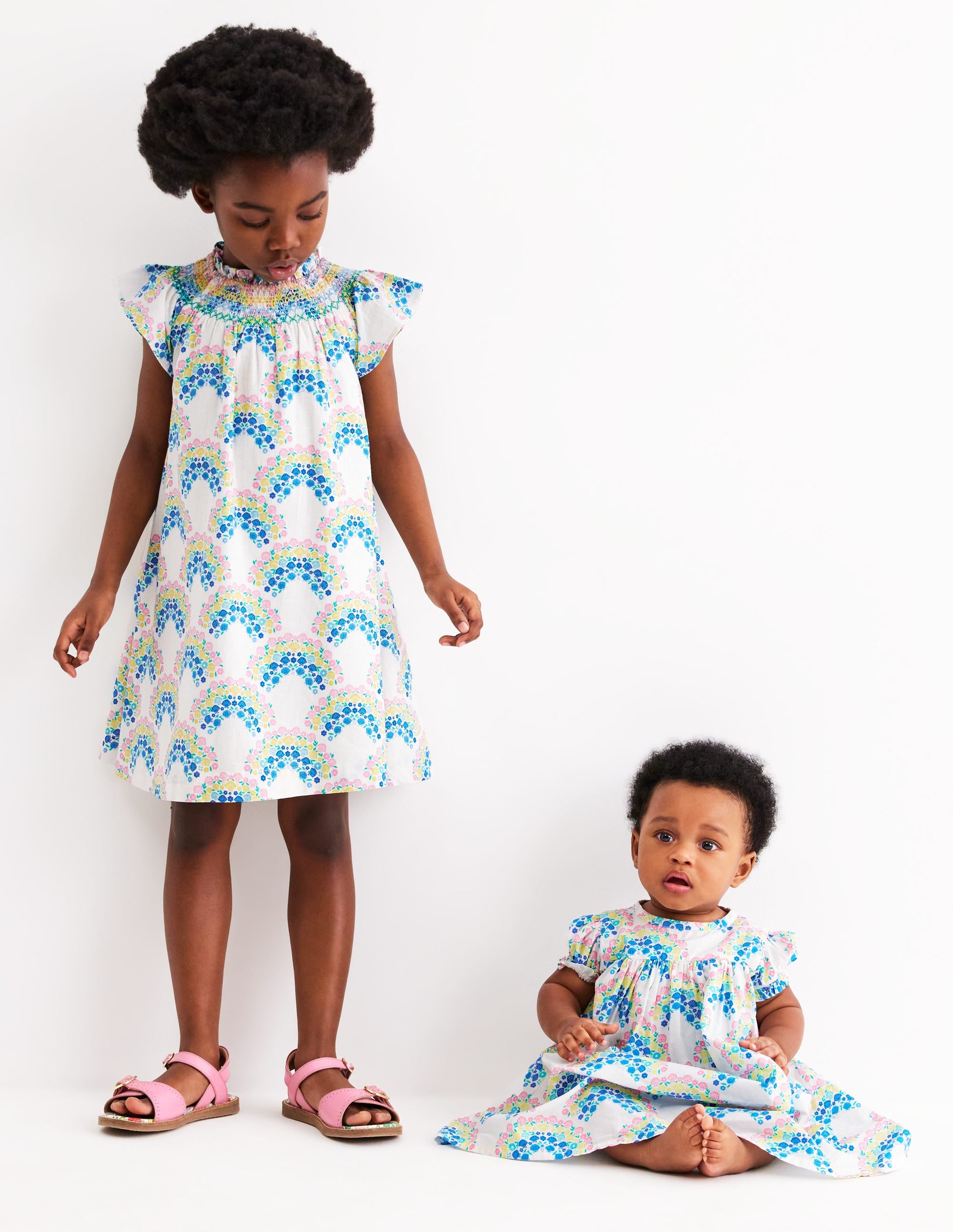 Holiday Smocked Dress-Soft Ivory Rainbow Shells - Image 6