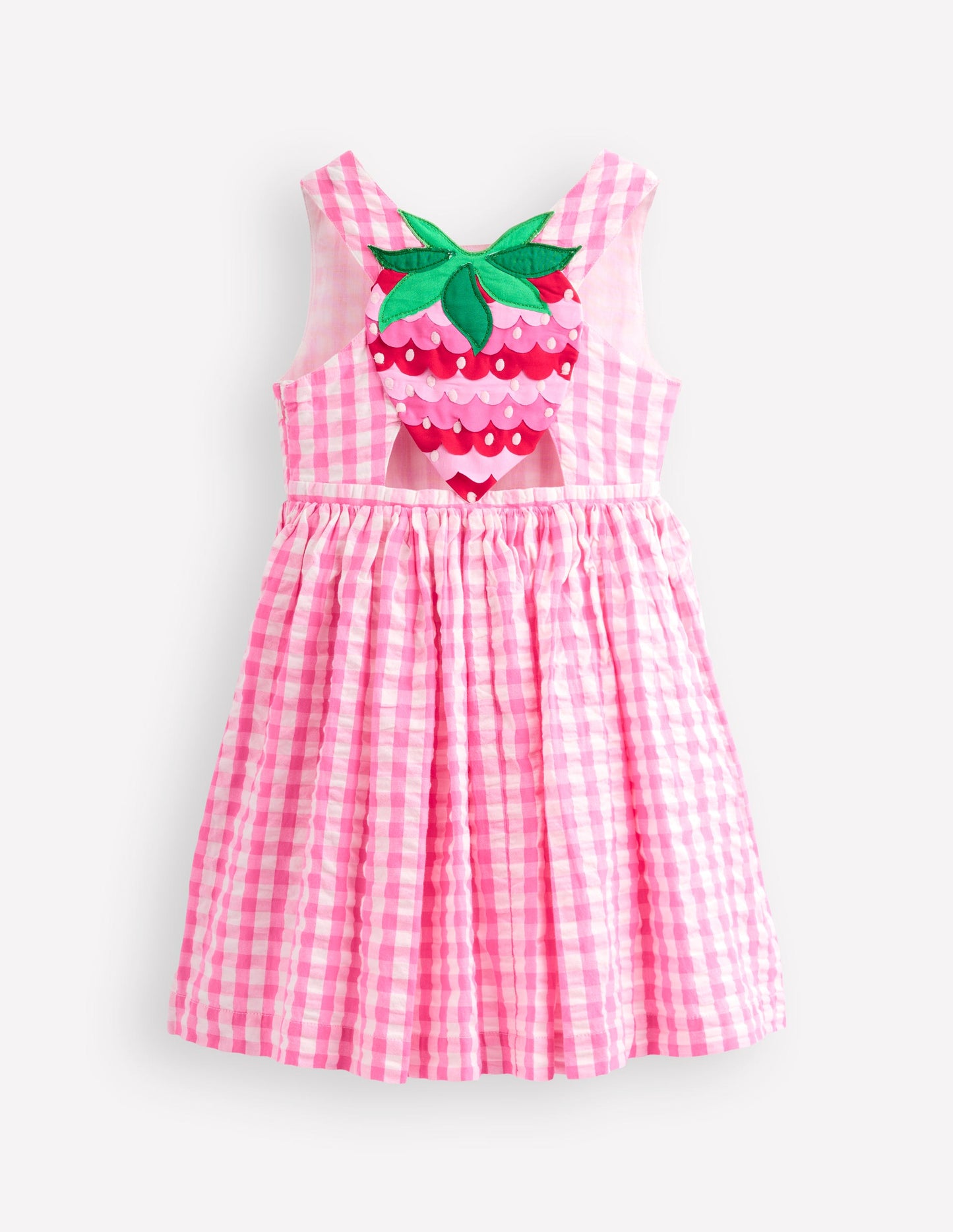 Applique Cross-Back Dress-Pink Gingham Strawberry