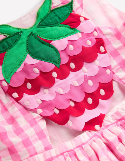 Applique Cross-Back Dress-Pink Gingham Strawberry