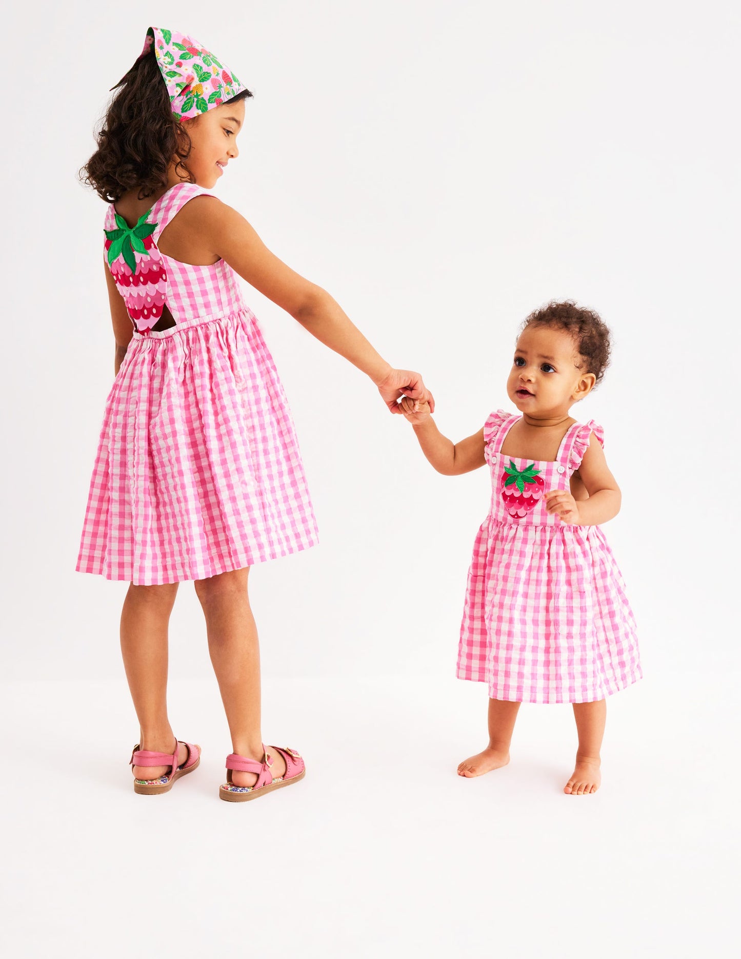 Applique Cross-Back Dress-Pink Gingham Strawberry