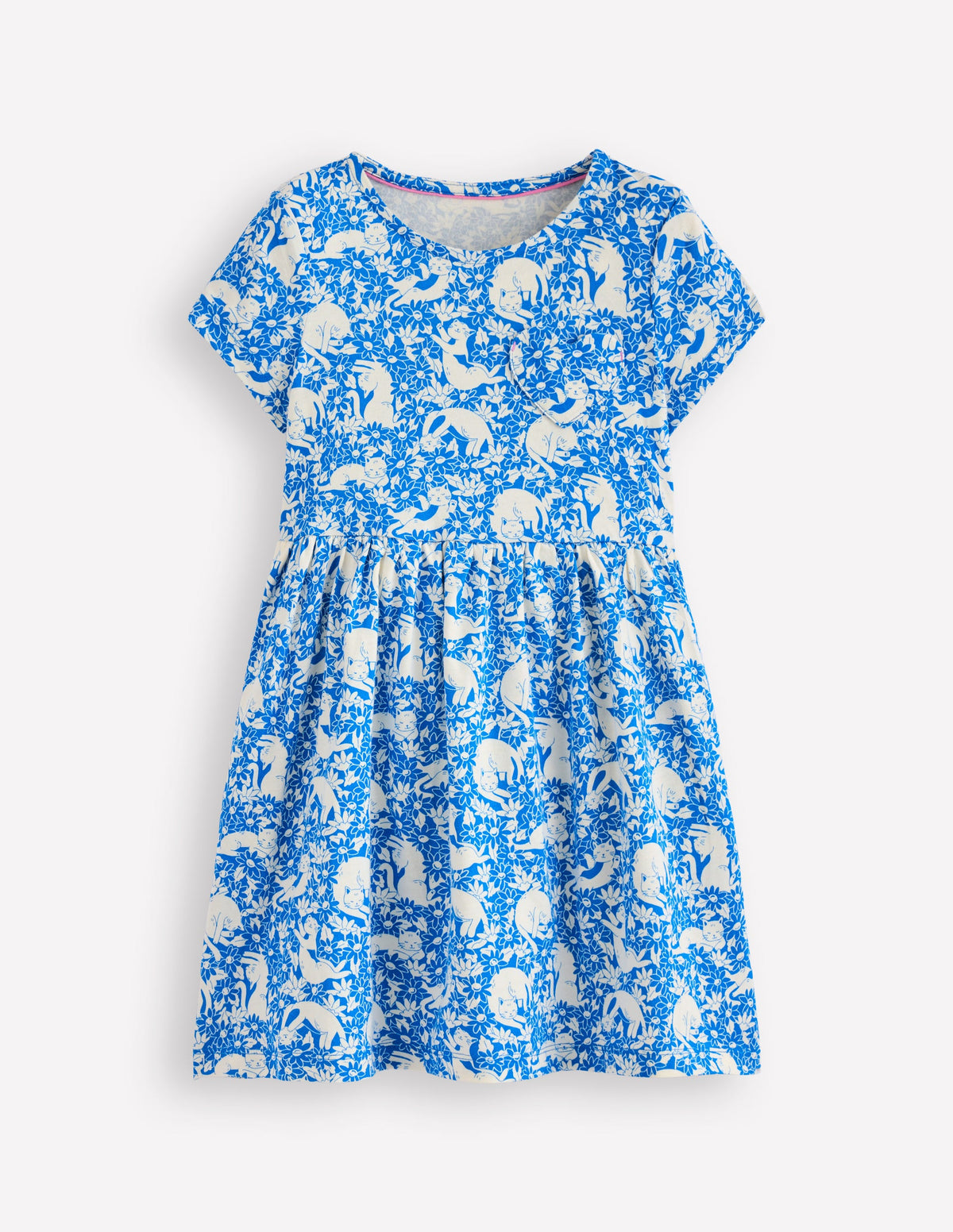 Heart Pocket Fun Jersey Dress-Kingfisher Blue Kitten Meadow - Image 1