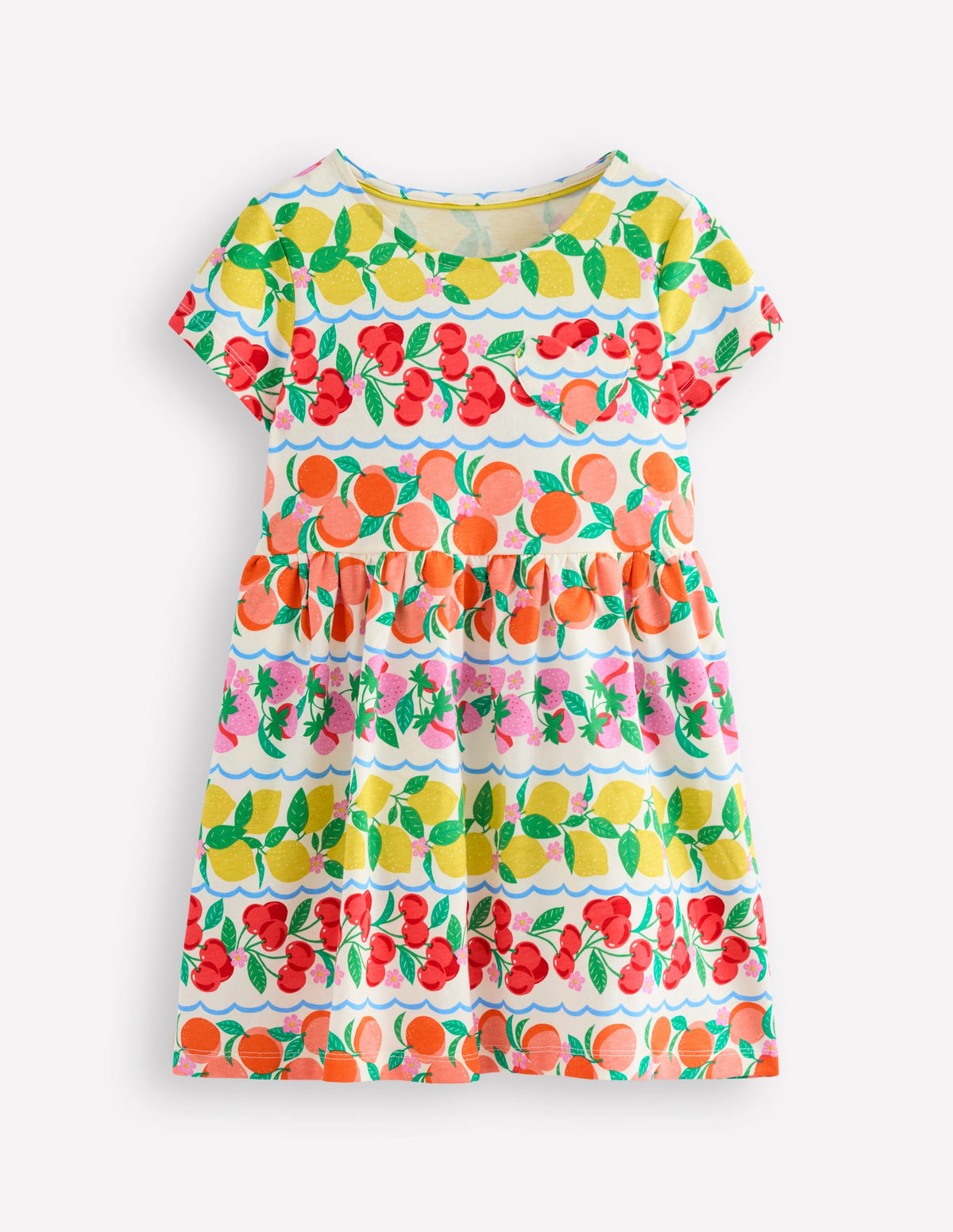 Heart Pocket Fun Jersey Dress-Rainbow Fruit Stripe - Image 1