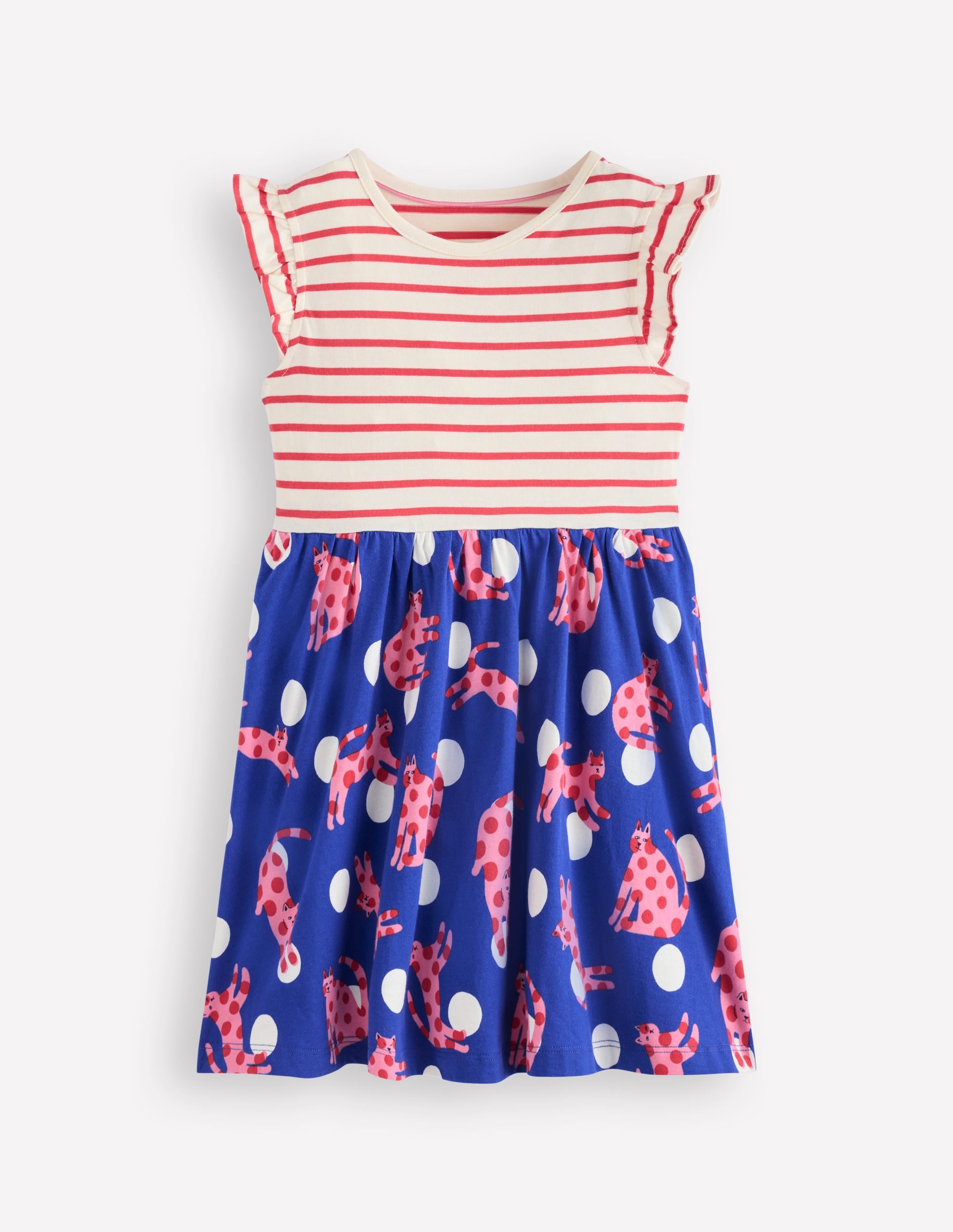 Posie Frill Sleeve Dress-Bright Blue Spotty Cats - Image 1