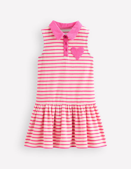 Towelling Polo Dress-Pink/ Ivory Stripe