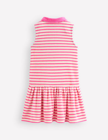 Towelling Polo Dress-Pink/ Ivory Stripe