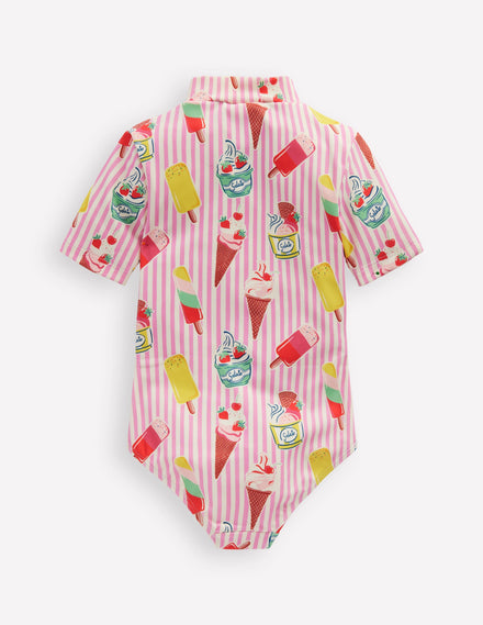 Short-sleeved Swimsuit-Vintage Pink Ice Cream Stripe