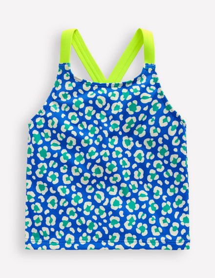 Cross-Back Tankini Top-Aquamarine Leopard