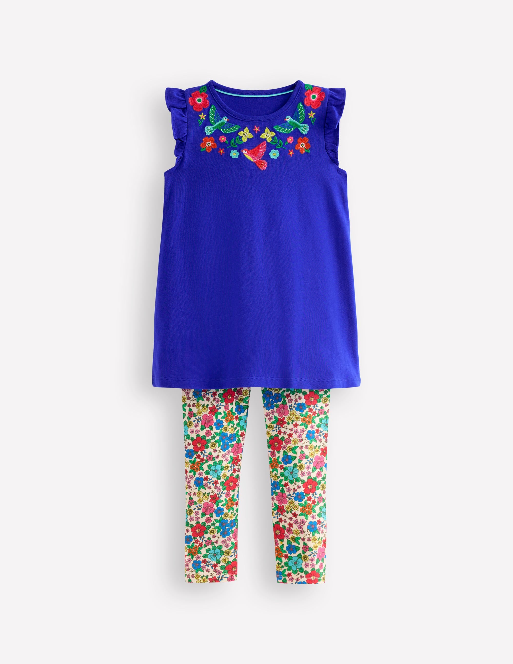 Frill Sleeve Tunic Set-Bright Blue Embroidery - Image 1