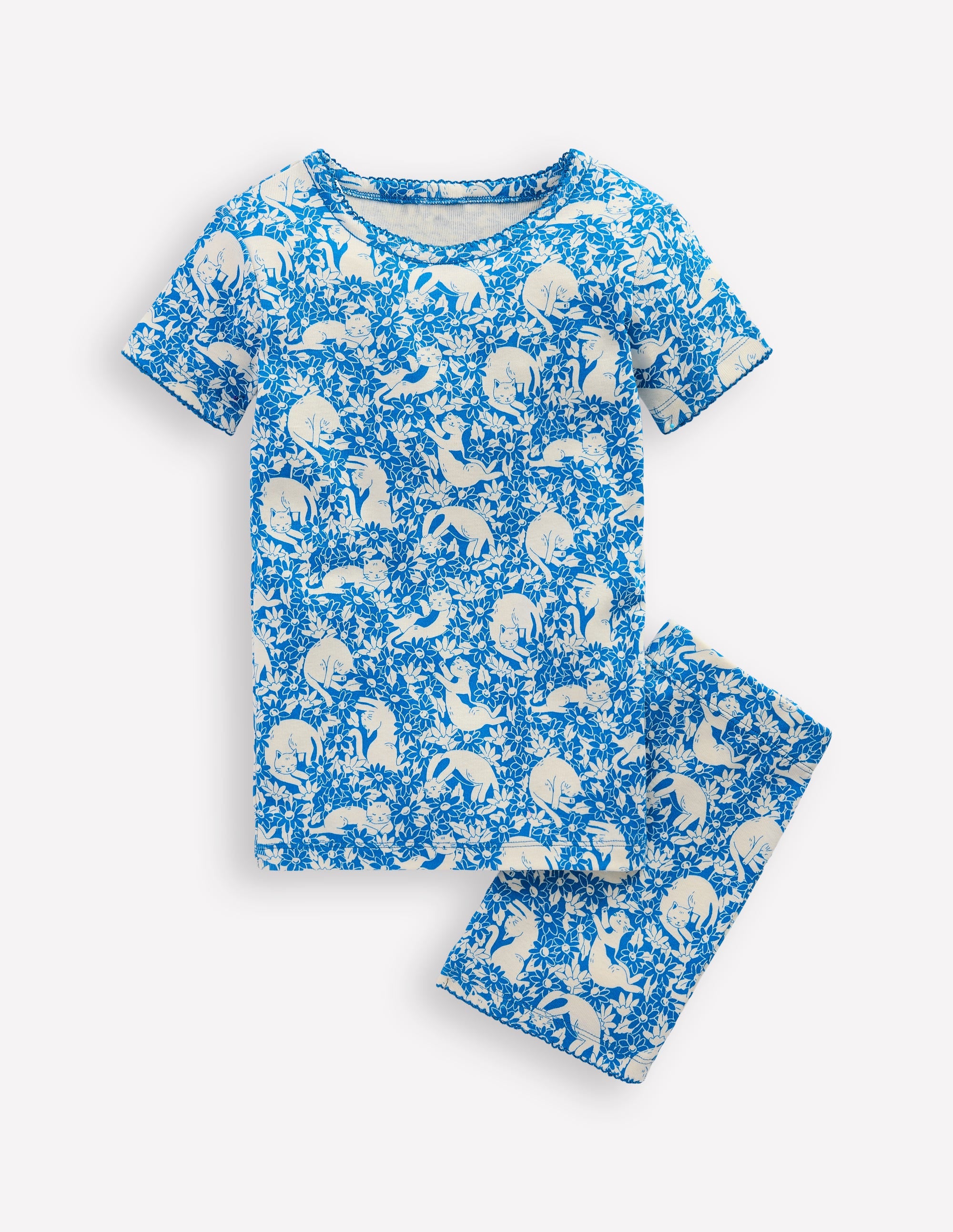 Snug Short John Pajamas-Kingfisher Blue Kitten Meadow - Image 1
