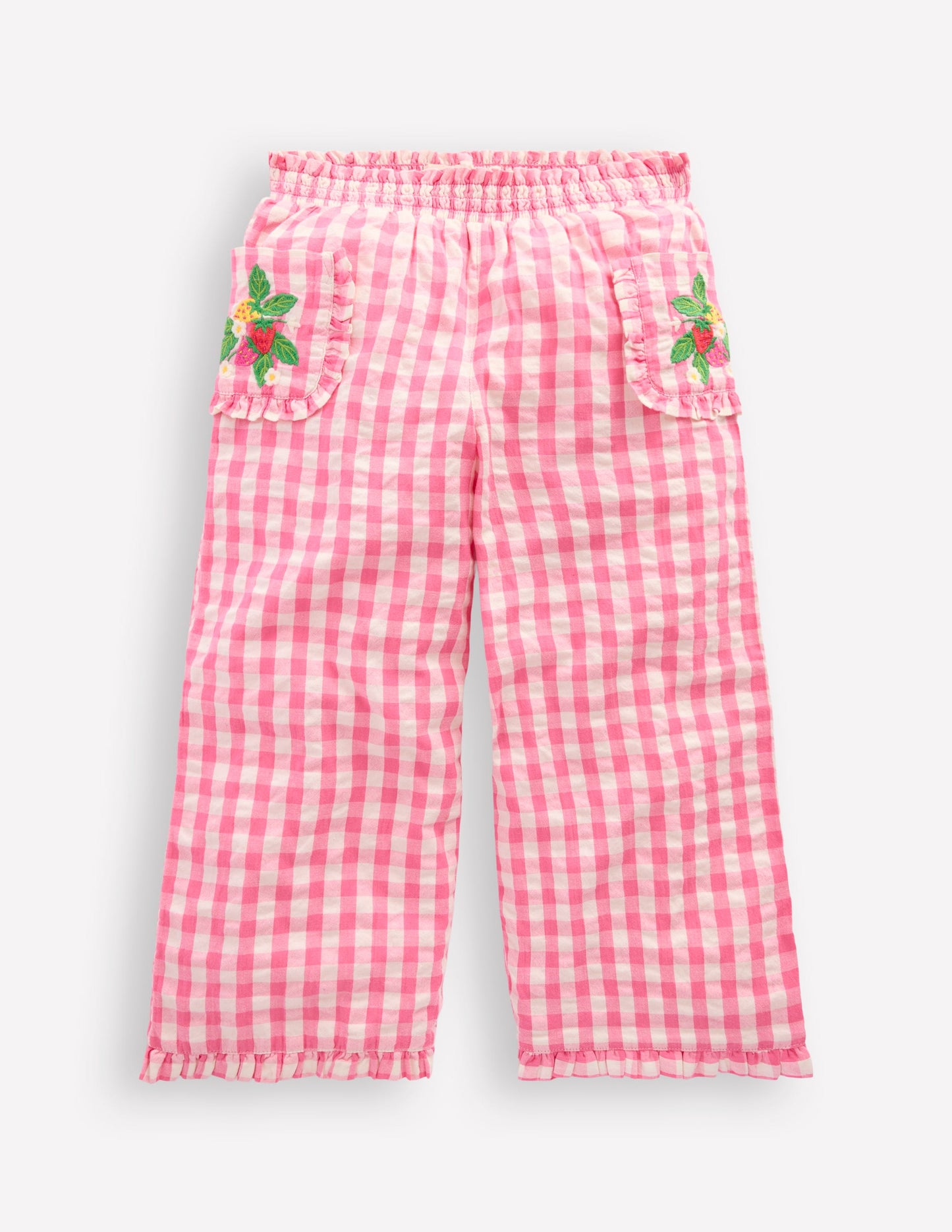 Nostalgic Frill Trousers-Pink Gingham Embroidered