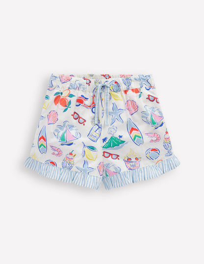 Juniper Woven Frill Shorts-Ivory Holiday Print