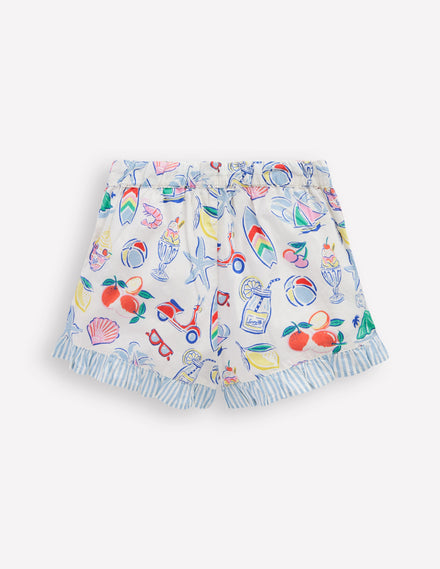 Juniper Woven Frill Shorts-Ivory Holiday Print