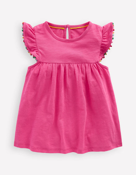 Frill Sleeve Pom Top-Flamingo Pink