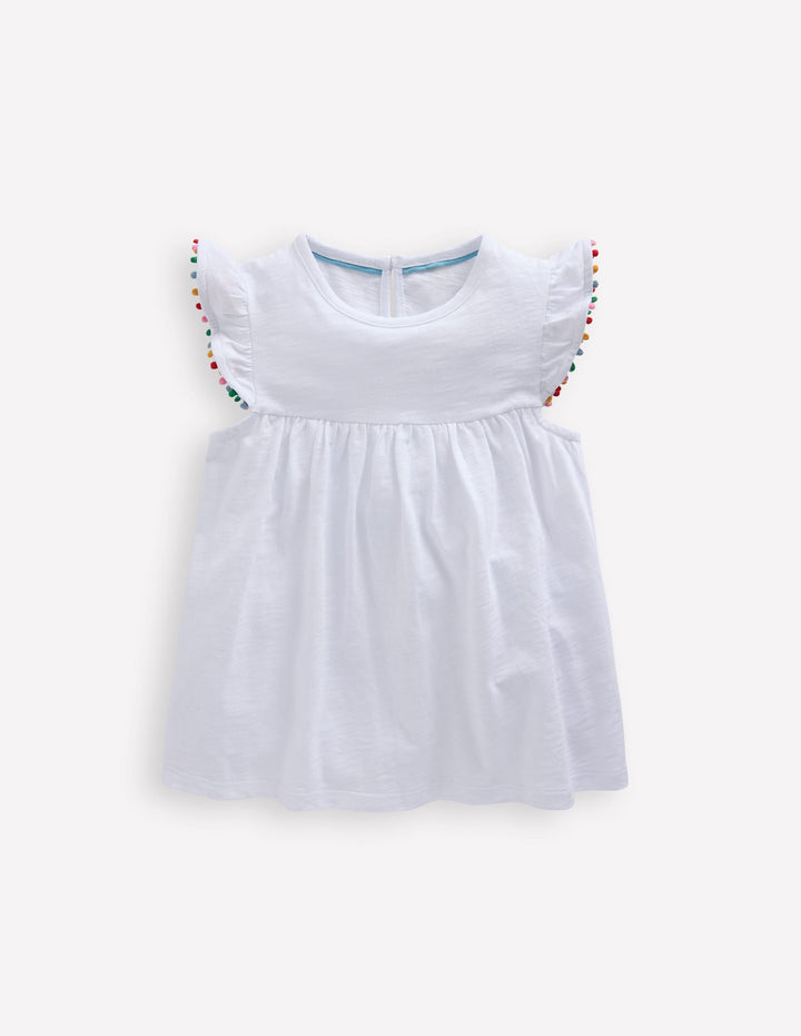 Frill Sleeve Pom Top-White