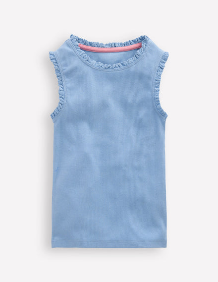 Ribbed Lace Trim Tank Top-Glacier Blue