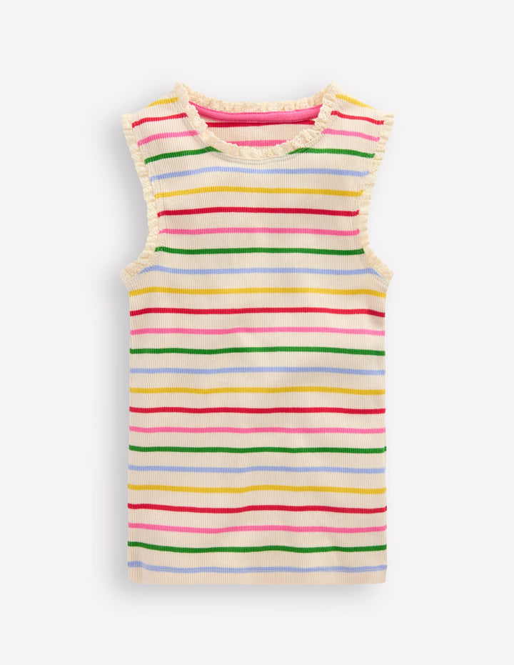 Ribbed Lace Trim Tank Top-Multi Stripe