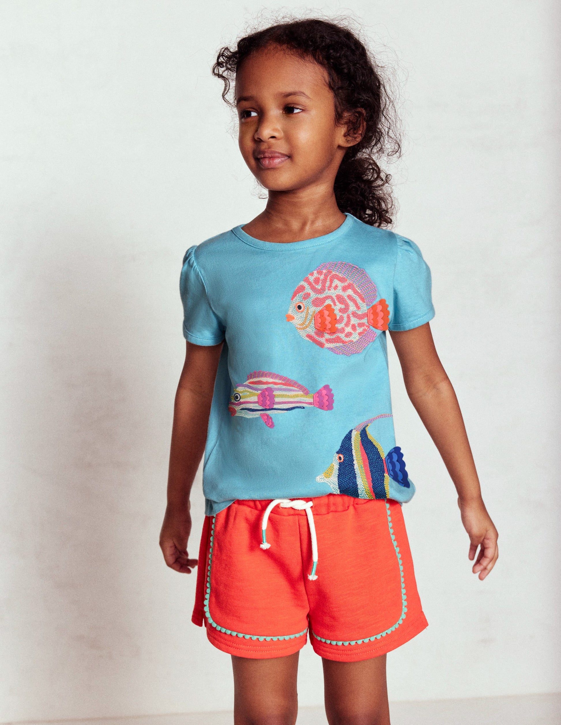 Puff Sleeve Superstitch Top-Aqua Sea Blue Fish-6