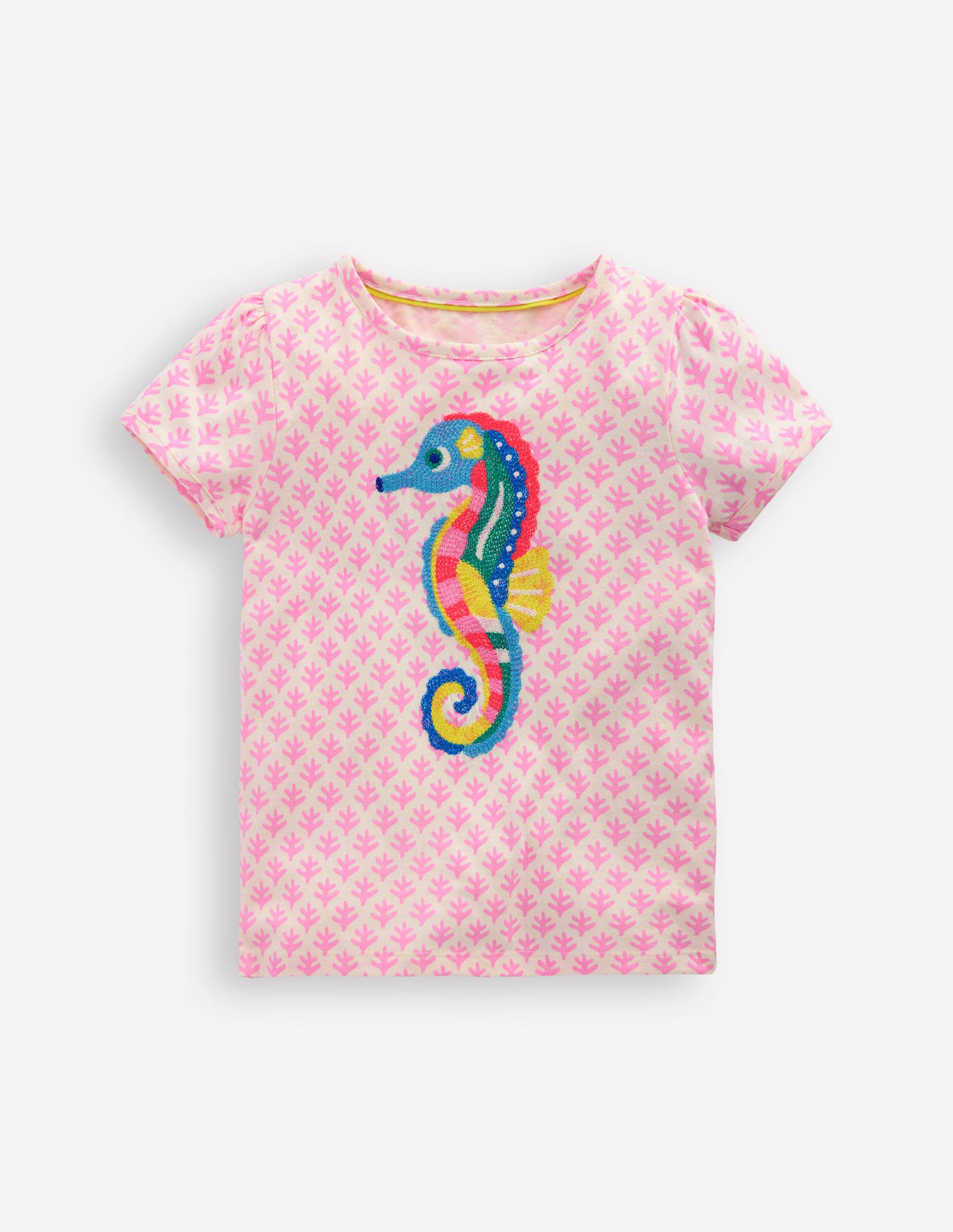 Puff Sleeve Superstitch Top-Pink Woodblock Seahorse - Image 1