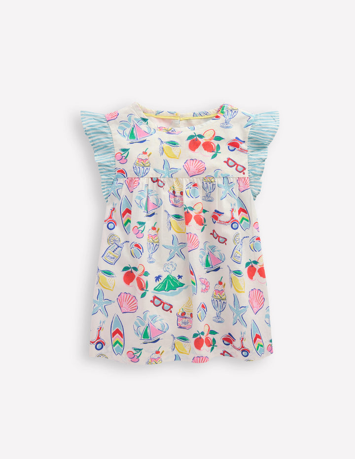 Frill Sleeve Woven Top-Ivory Holiday Print