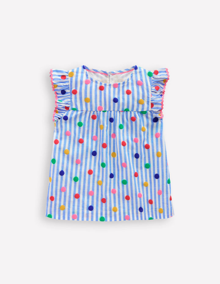 Frill Sleeve Woven Top-Peacock Plume Blue Spot