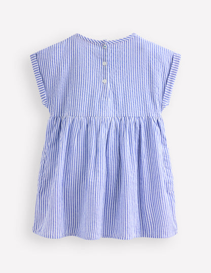 Short-sleeved woven tunic-Ticking Blue Embroidery