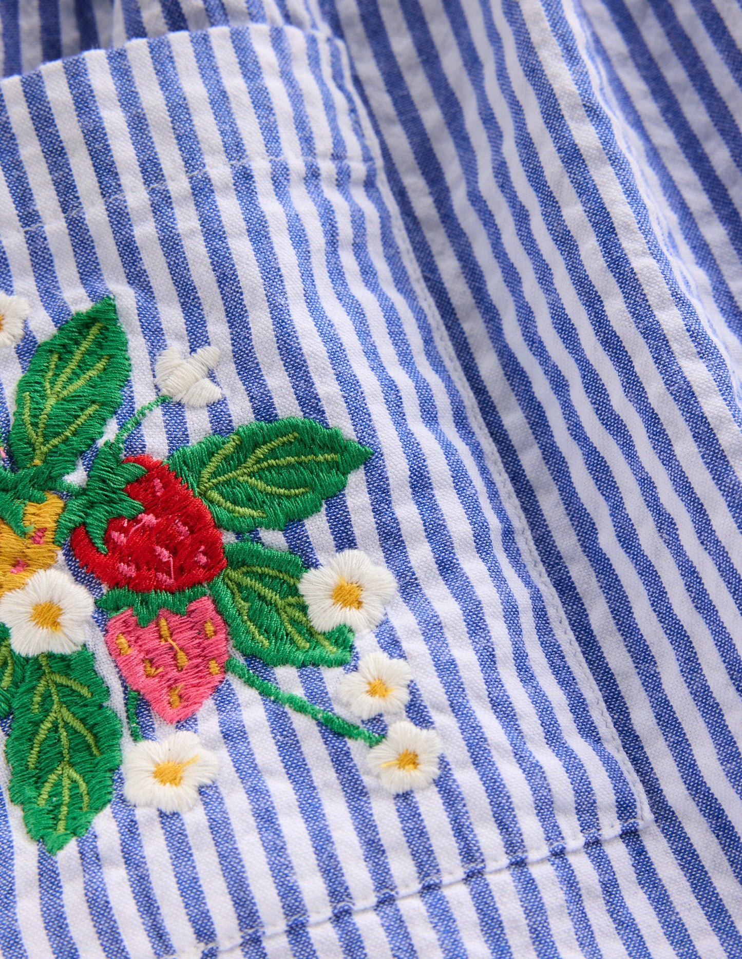 Short-sleeved woven tunic-Ticking Blue Embroidery