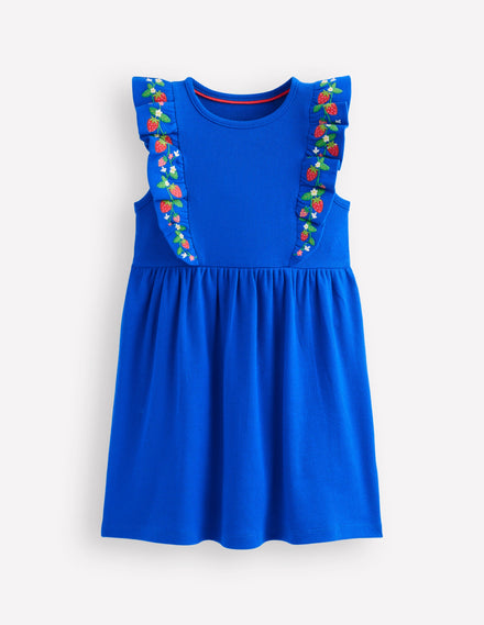 Embroidered Frill Jersey Dress-Gallery Blue