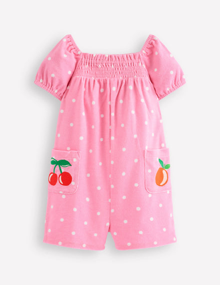 Towelling Playsuit-Pink Embroidered Fruit