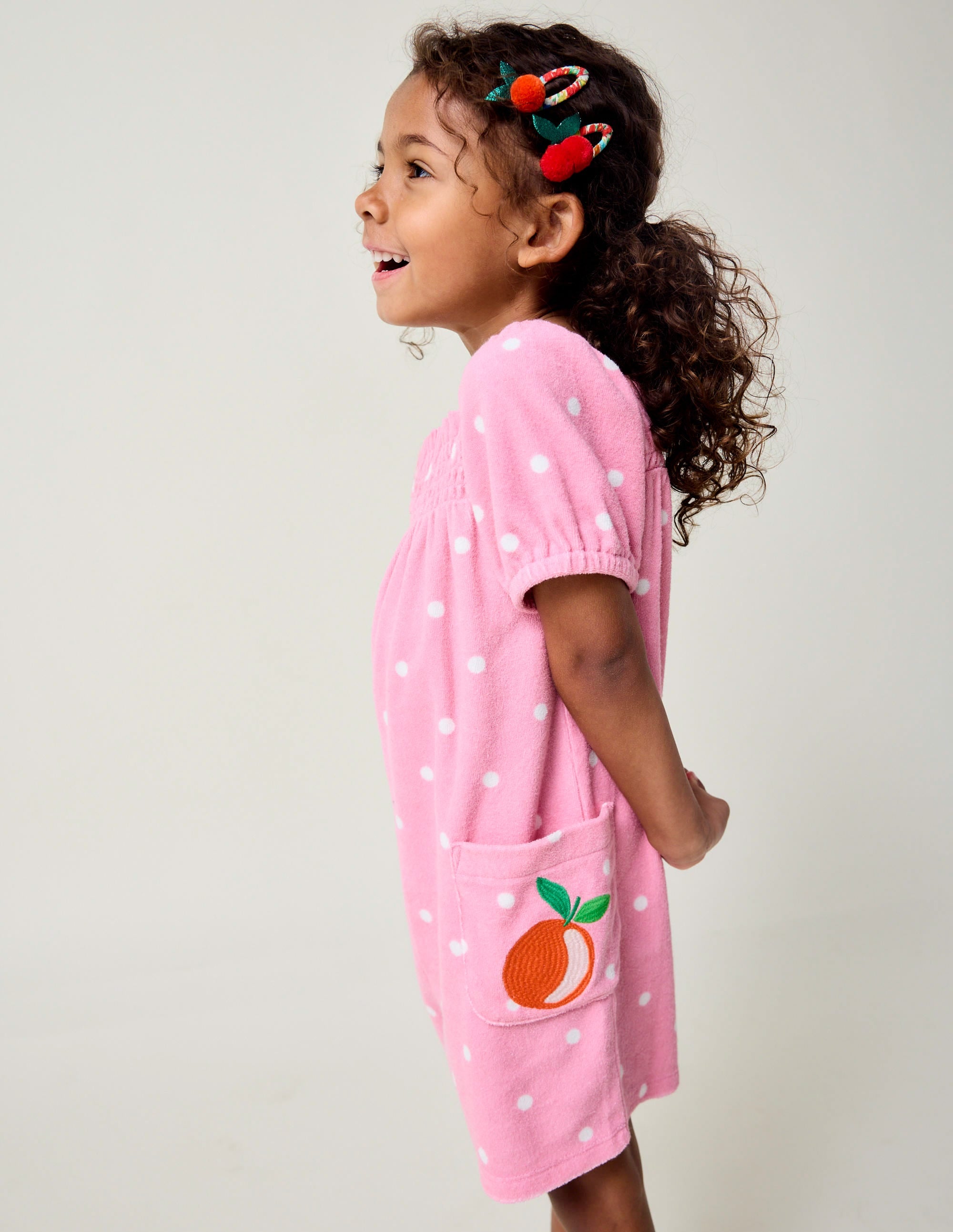 Towelling Playsuit-Pink Embroidered Fruit - Image 1