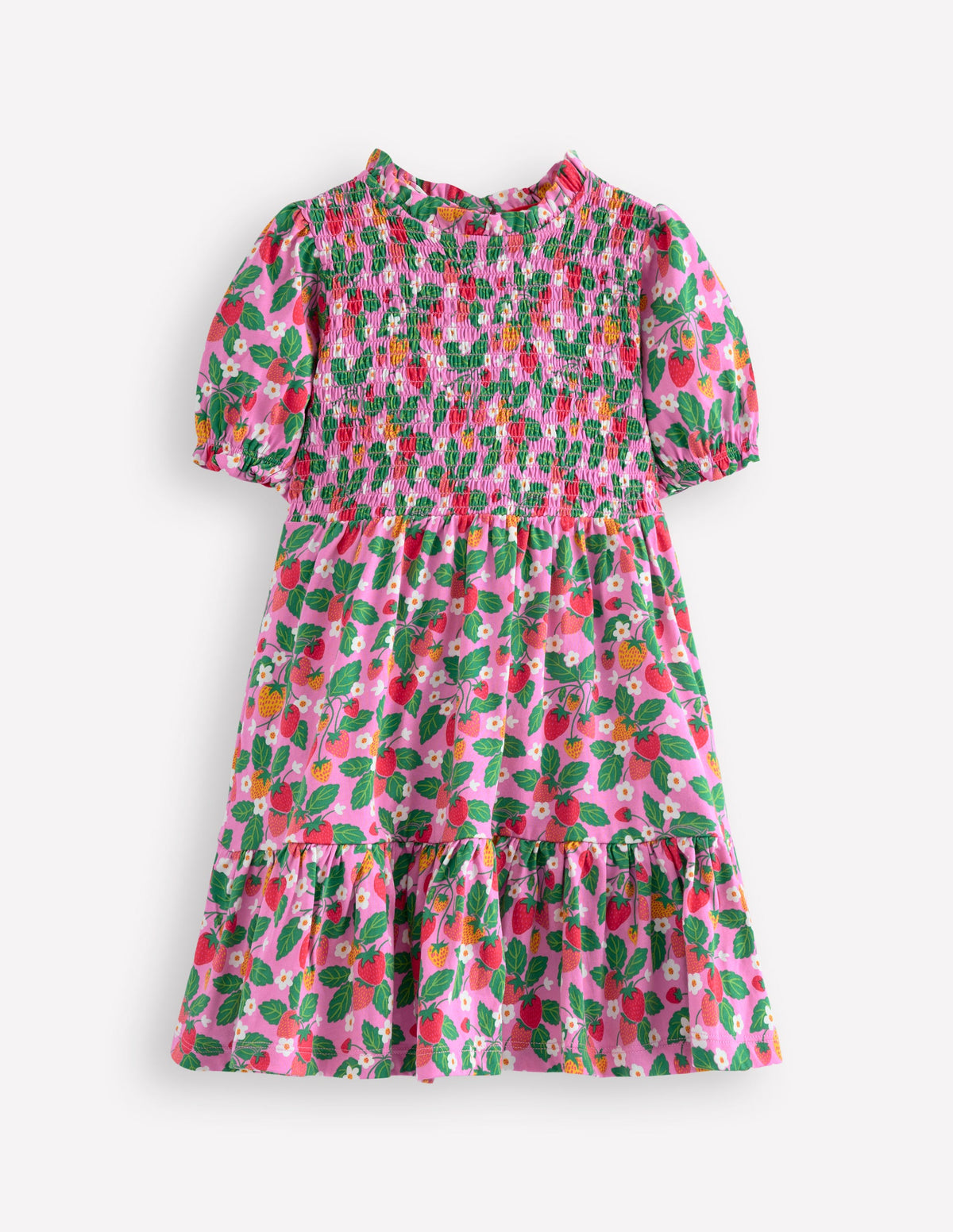 Aurora Shirred Twirly Dress-Cosmos Pink Strawberry Patch - Image 1