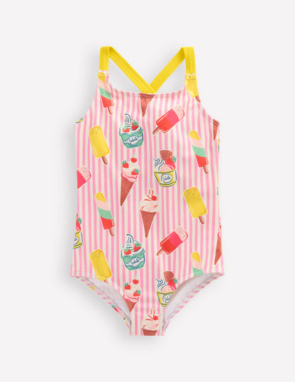 Cross-Back Printed Swimsuit-Vintage Pink Ice Cream Stripe