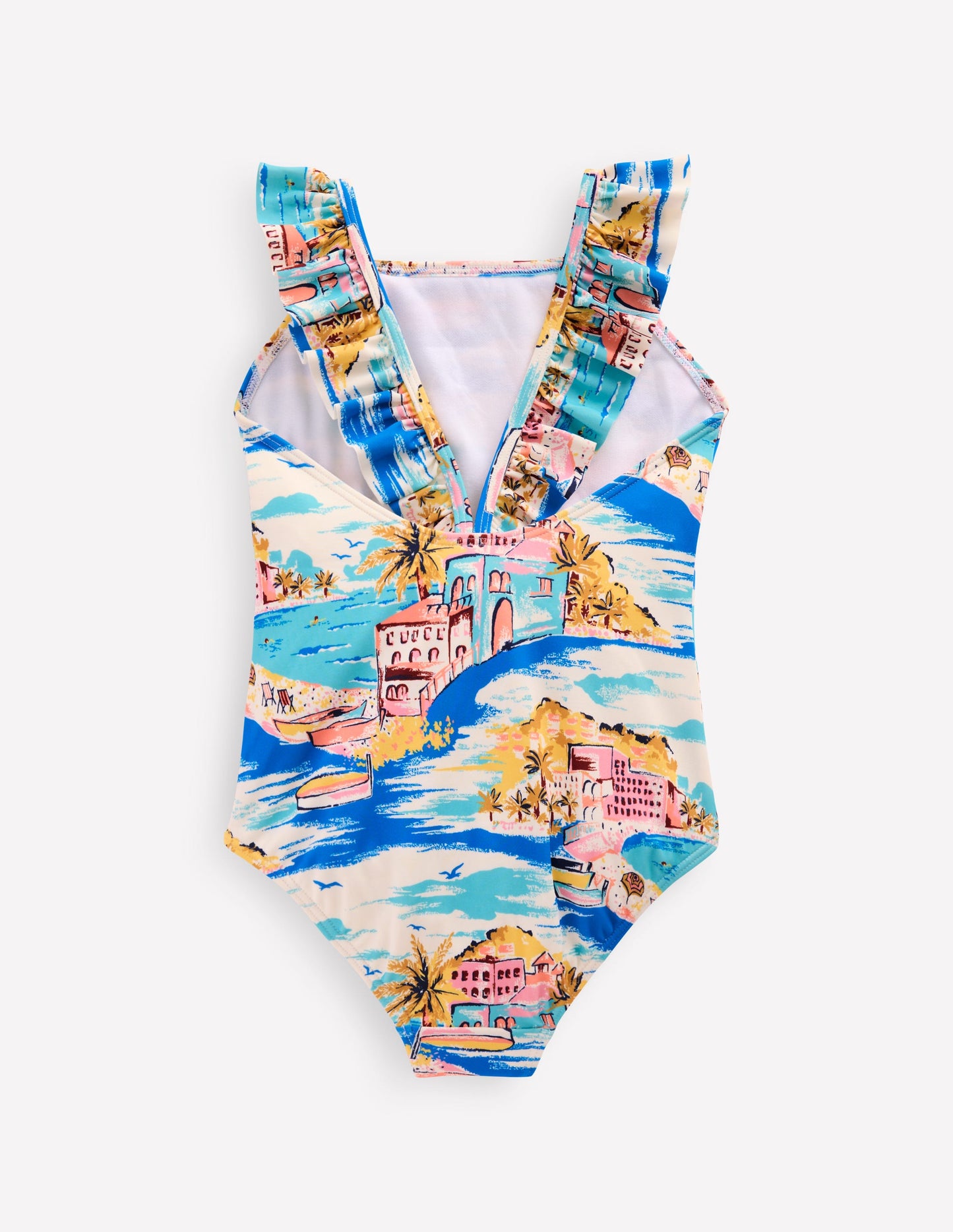Hallie Frill Strap Swimsuit-Multi Coastal Scene