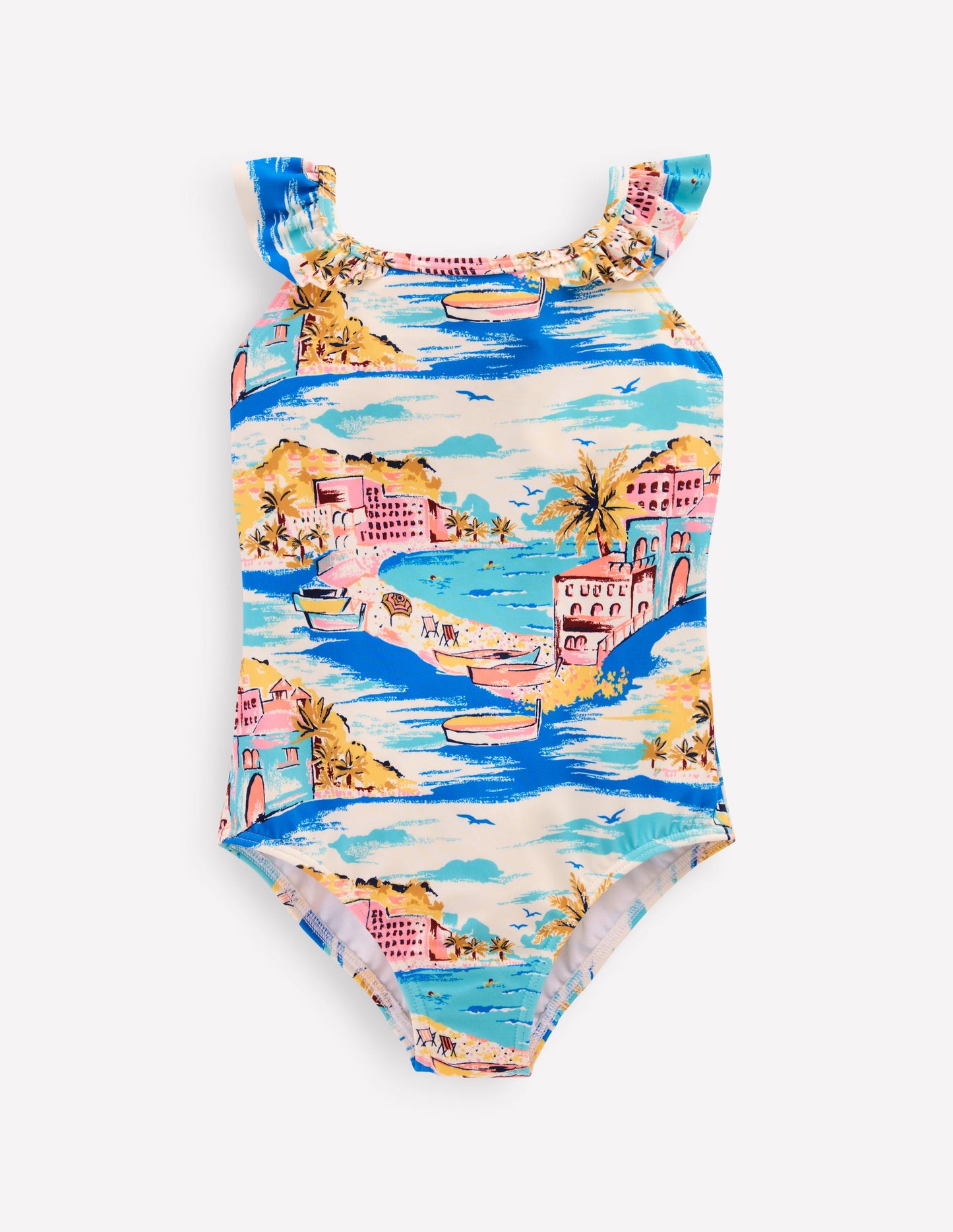 Hallie Frill Strap Swimsuit-Multi Coastal Scene