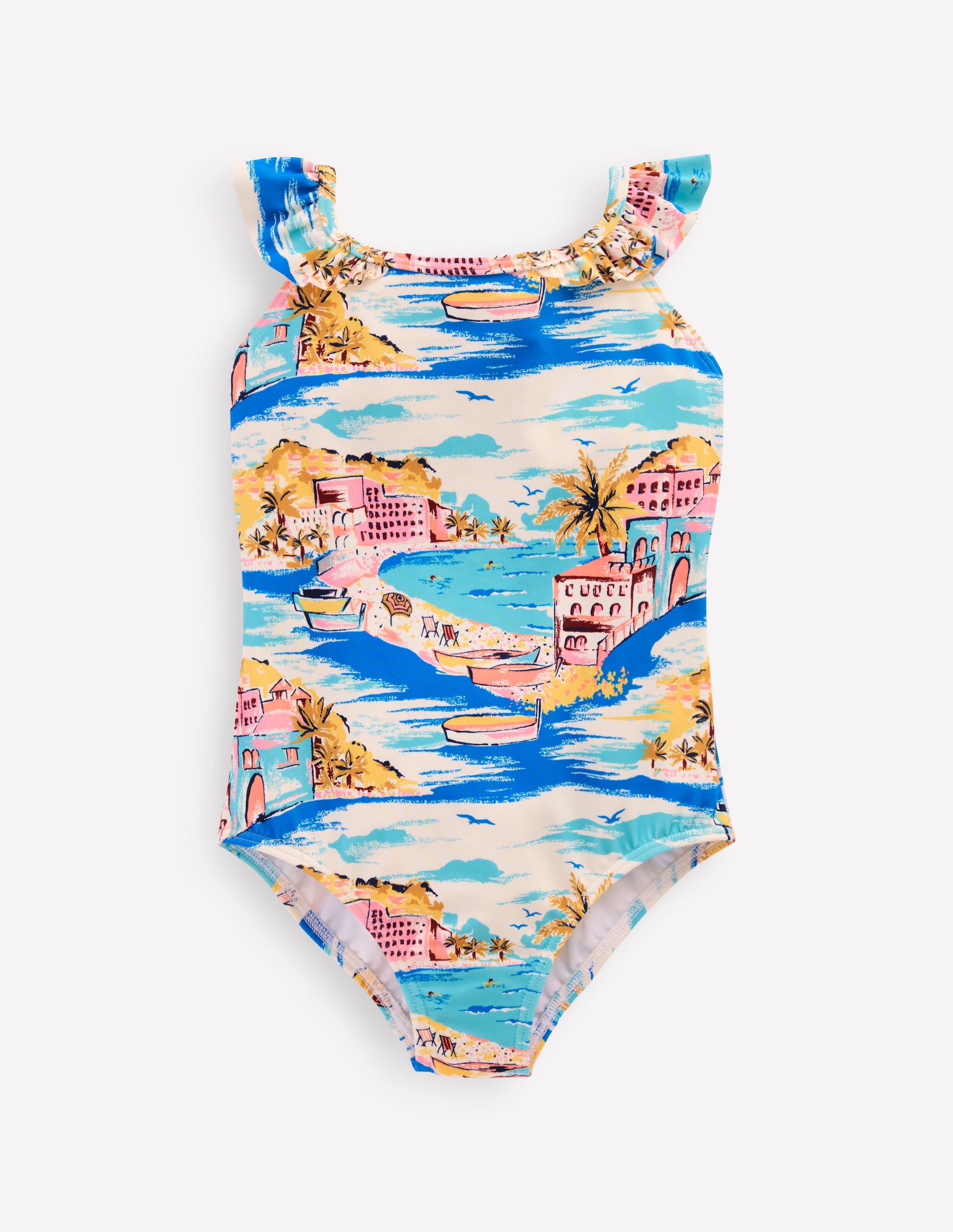 Hallie Frill Strap Swimsuit-Multi Coastal Scene-1