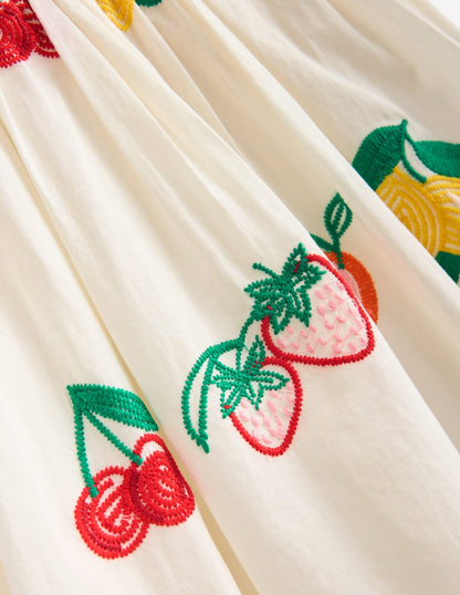 Embroidered Woven Dress-Ivory Embroidered Fruit