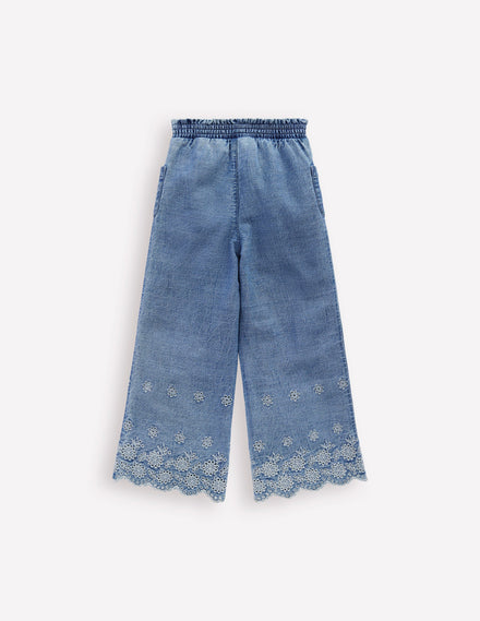 Broderie Hem Pants-Denim