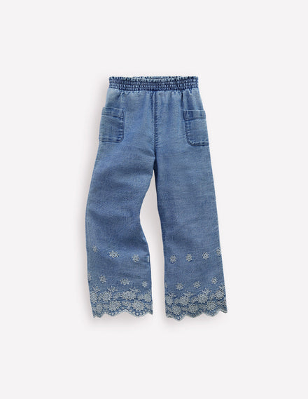 Broderie Hem Pants-Denim