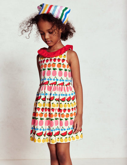 Ruffle Neck Jersey Dress-Ivory Fruit Stripe-7