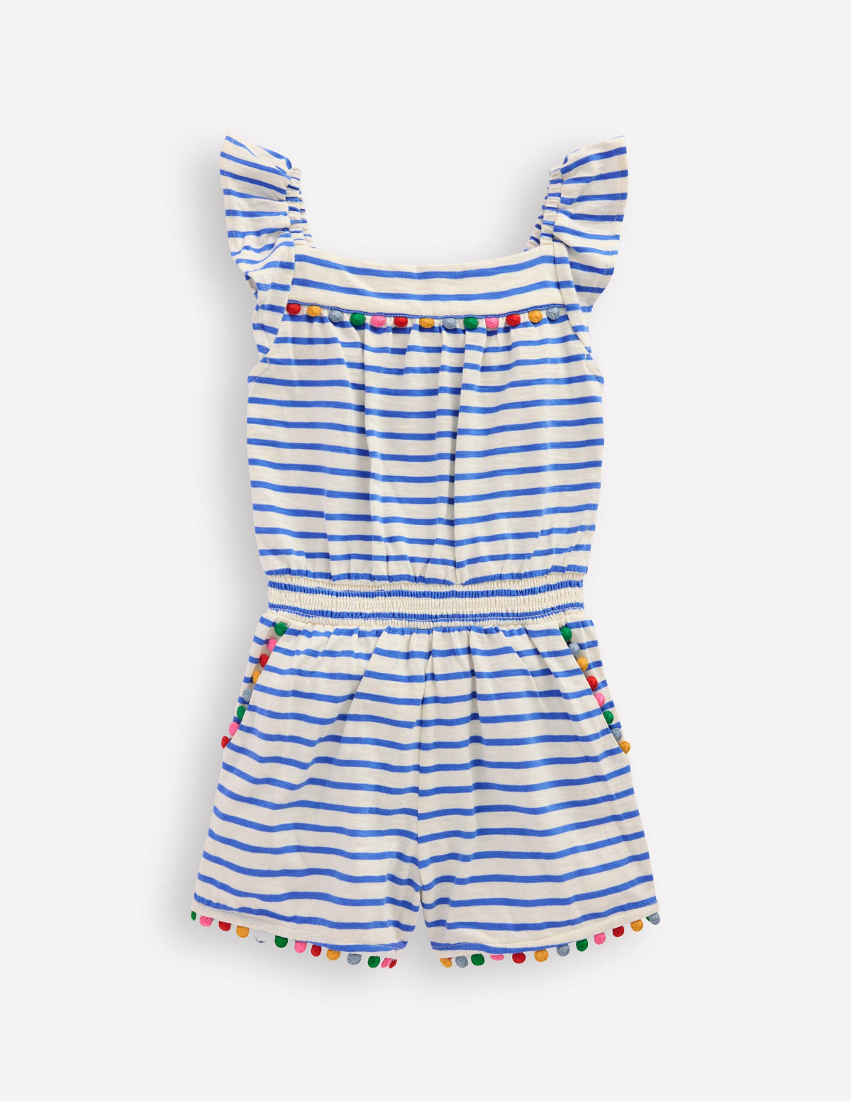 Ciara Pom Trim Jersey Romper-Ivory/ Azure Blue Stripe - Image 1