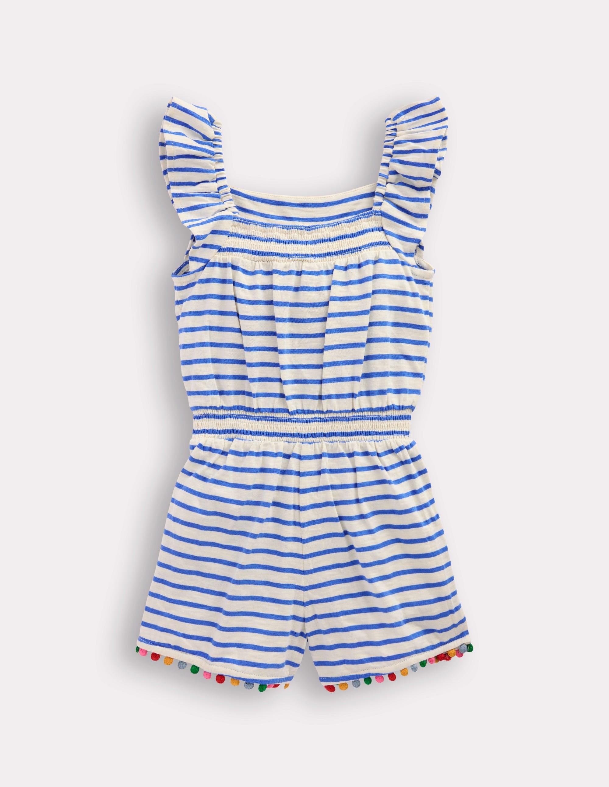 Ciara Pom Trim Jersey Romper-Ivory/ Azure Blue Stripe - Image 2