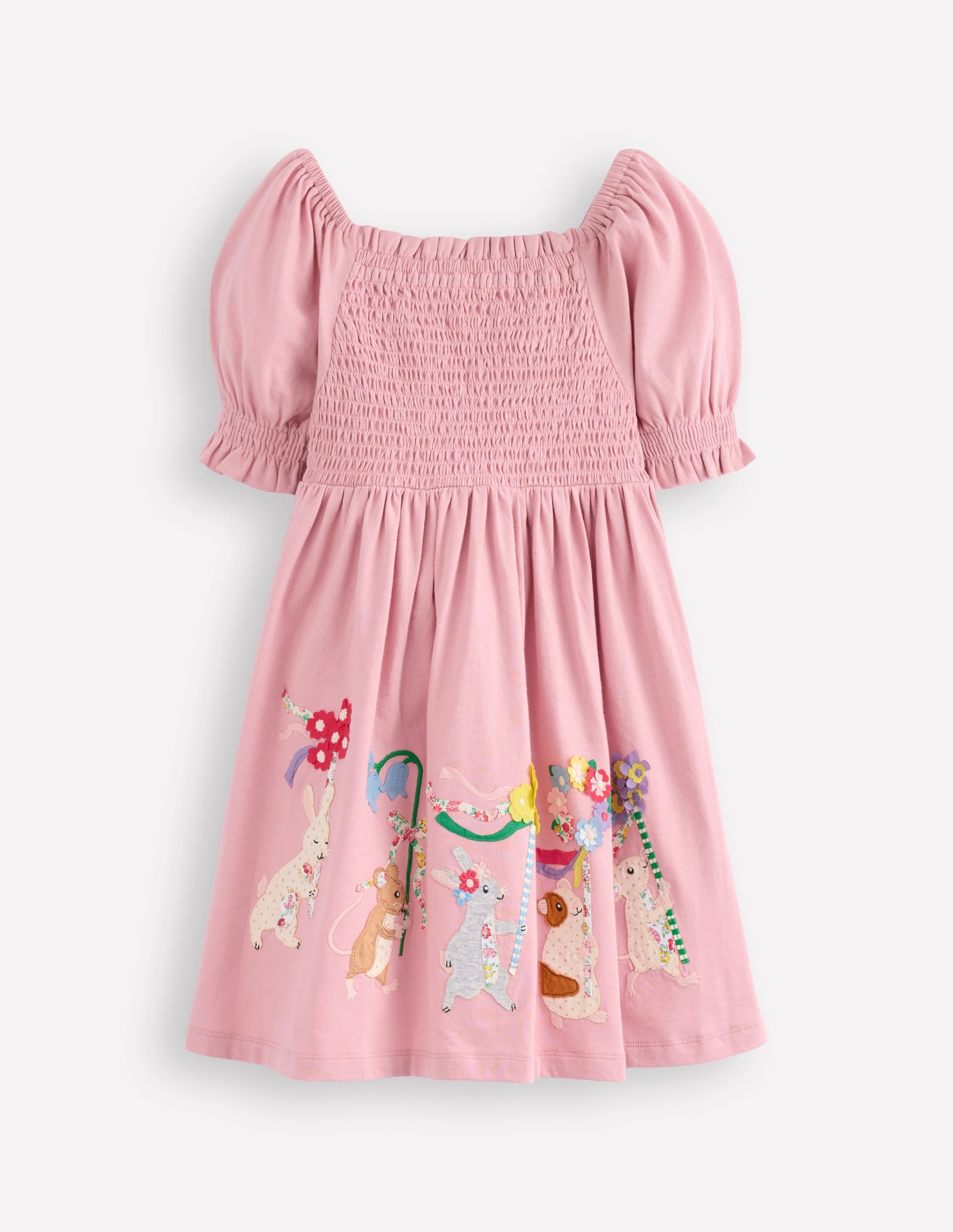 Clare Shirred Appliqué Dress-Vintage Pink May Day Animals - Image 1
