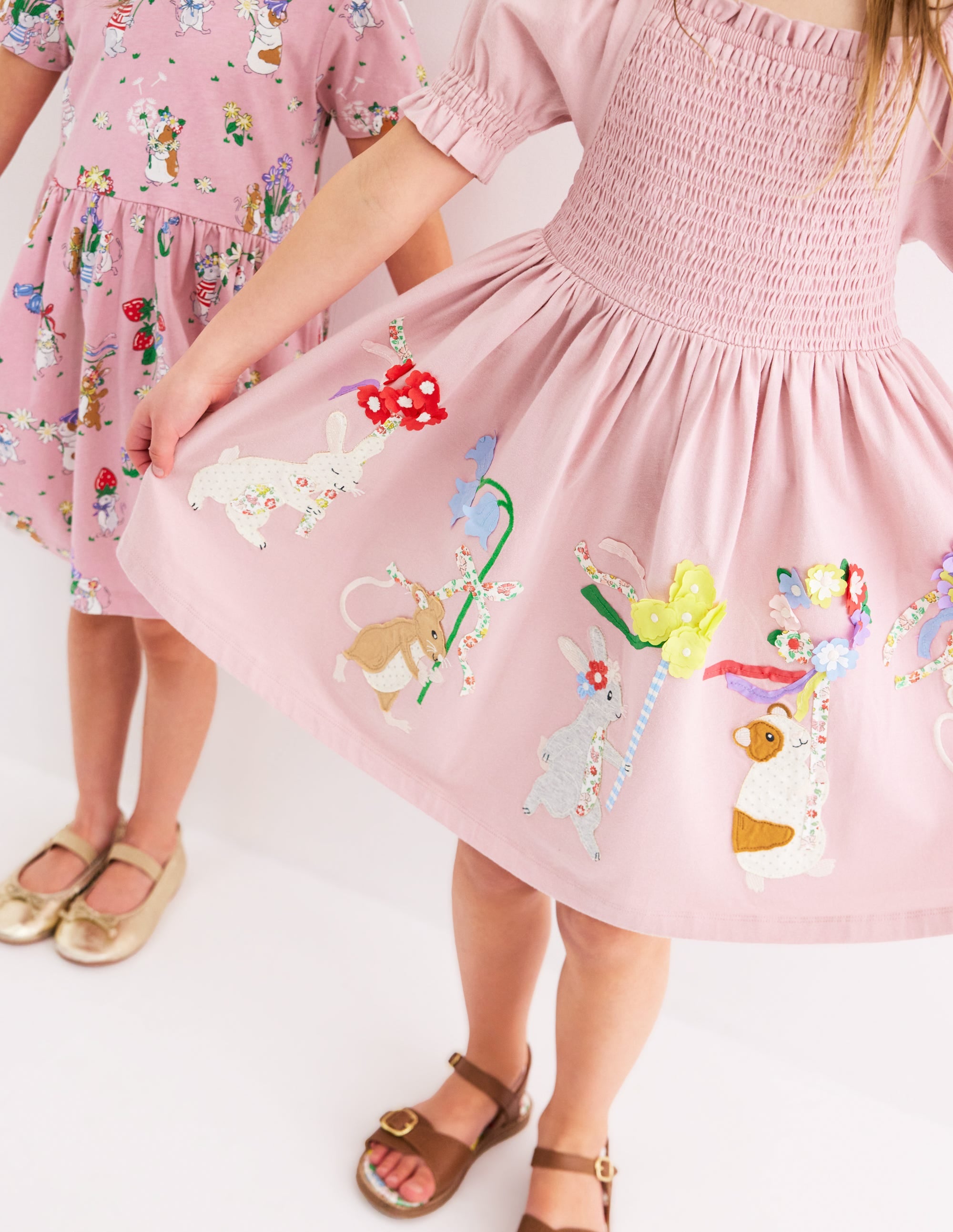 Clare Shirred Appliqué Dress-Vintage Pink May Day Animals - Image 5