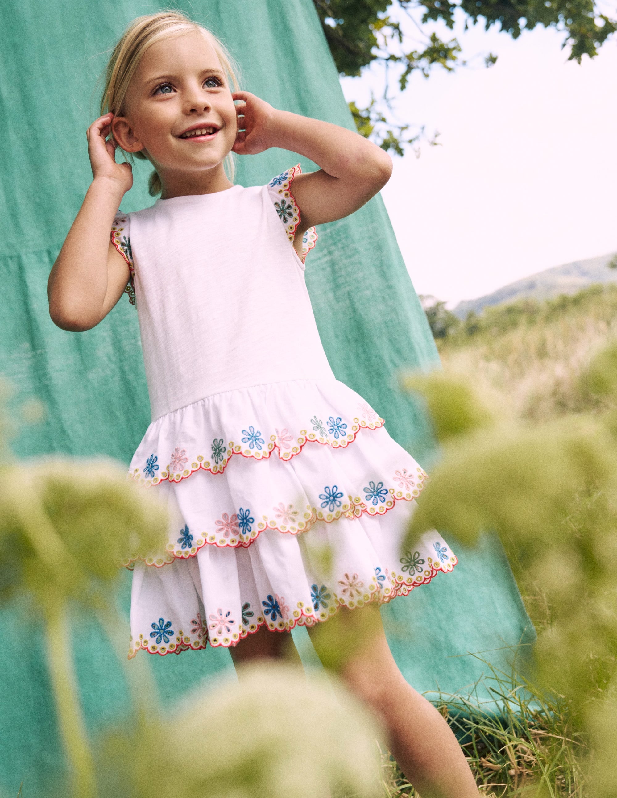 Broderie Mix Jersey Dress-White Rainbow - Image 4