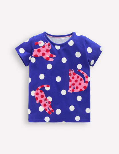 Bay Boucle T-Shirt-Bright Blue Spotty Cats-1
