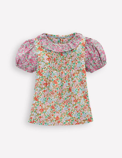 Smocked Frill Neck Blouse-Hotchpotch Floral-1