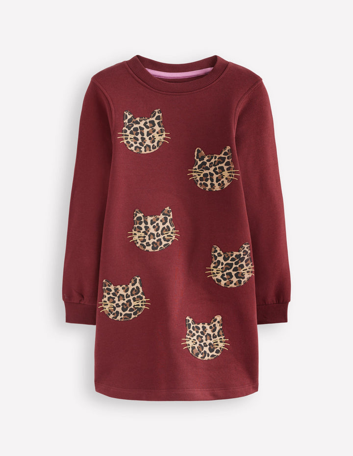 Ida Sweatshirt Appliqué Dress-Chestnut Cat Faces