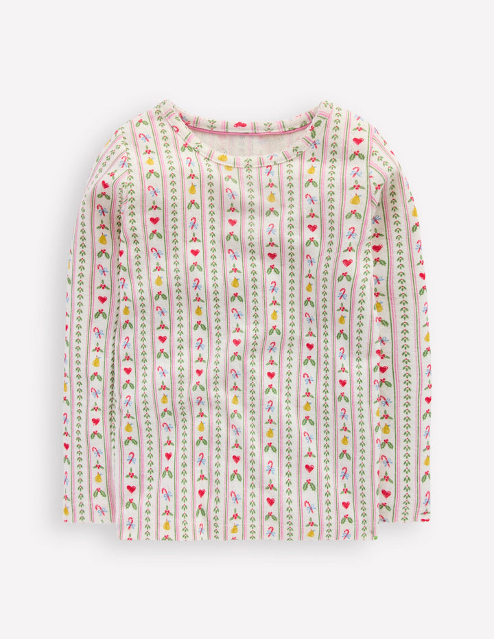 Long Sleeve Pointelle Top-Soft Ivory Nutcracker Stripe