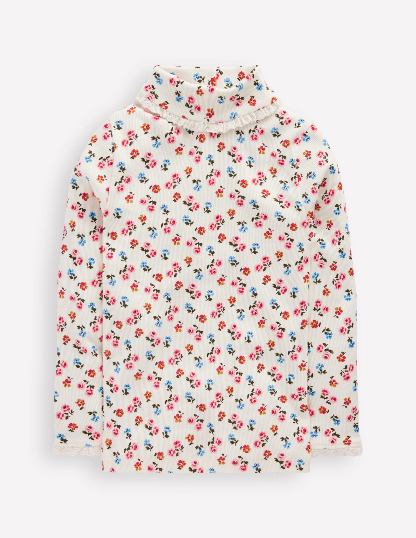 Ribbed Roll Neck Top-Soft Ivory Rose Sprig