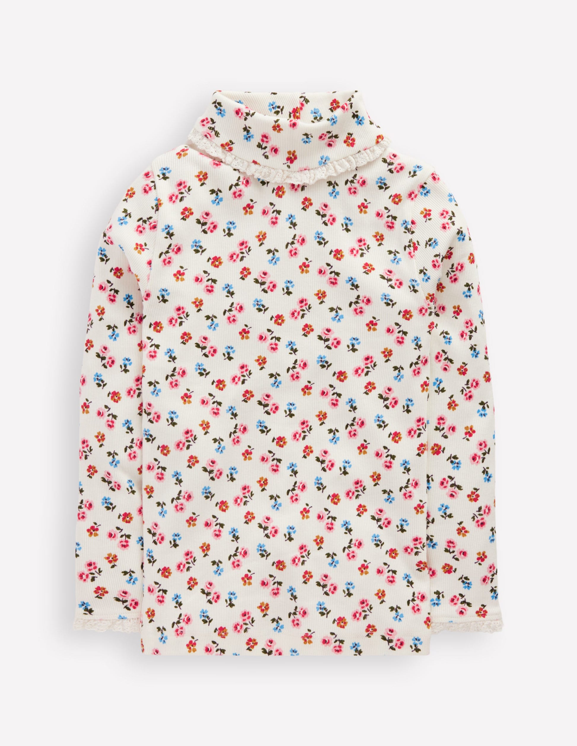 Ribbed Roll Neck Top-Soft Ivory Rose Sprig-4