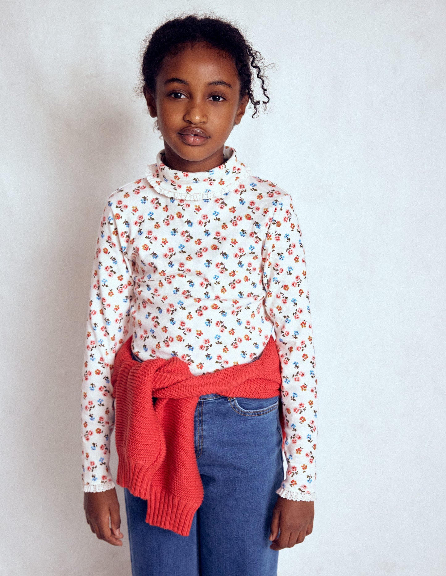 Ribbed Roll Neck Top-Soft Ivory Rose Sprig